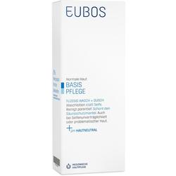 Weiße Verpackung einer Flüssigwaschlotion für normale Haut von EUBOS.