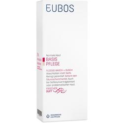 Eine weiße Verpackung einer EUBOS Hautpflege-Waschlotion für normale Haut.