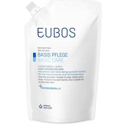 Eine weiße Verpackung Eubos Wasch- und Duschlotion für normale Haut.